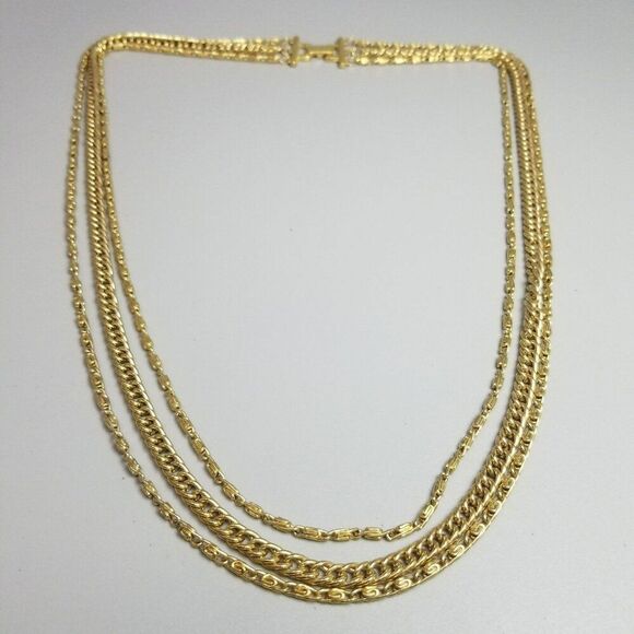 Vintage Three Strand Gold Tone Long Chain Necklace, Snail Links, 24 Inches Long - Picture 1 of 6